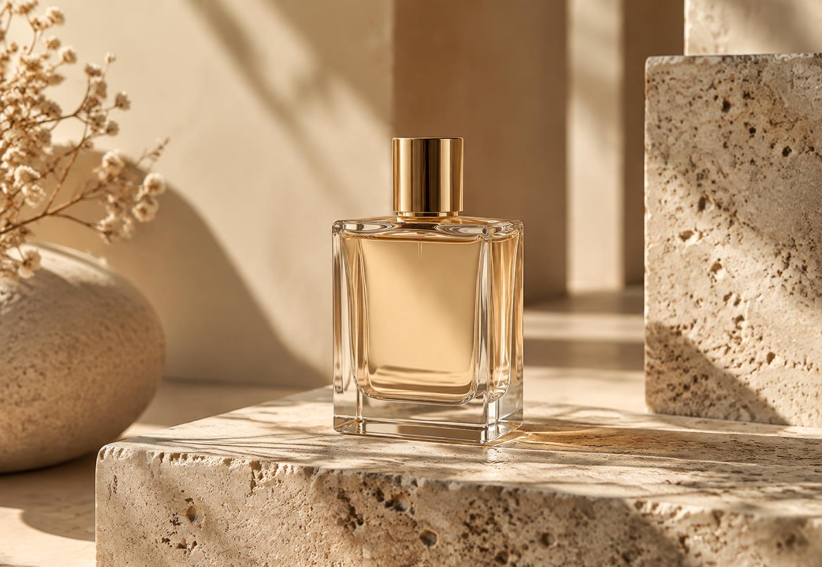 Flacon de parfum doré sur pierre de travertin